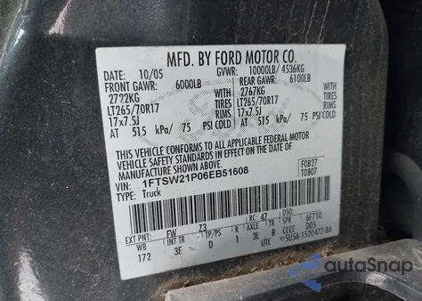 2006 Ford F-250 Lariat/Xl/Xlt from USA, damaged, VIN 1FTSW21P06EB51608